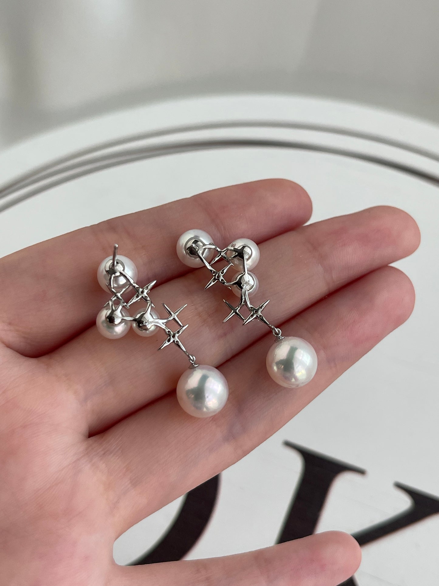 Mirror Like Lustre 4.5-9.0mm Akoya Pearl Diamond Starry Drop Earrings 18k White Gold