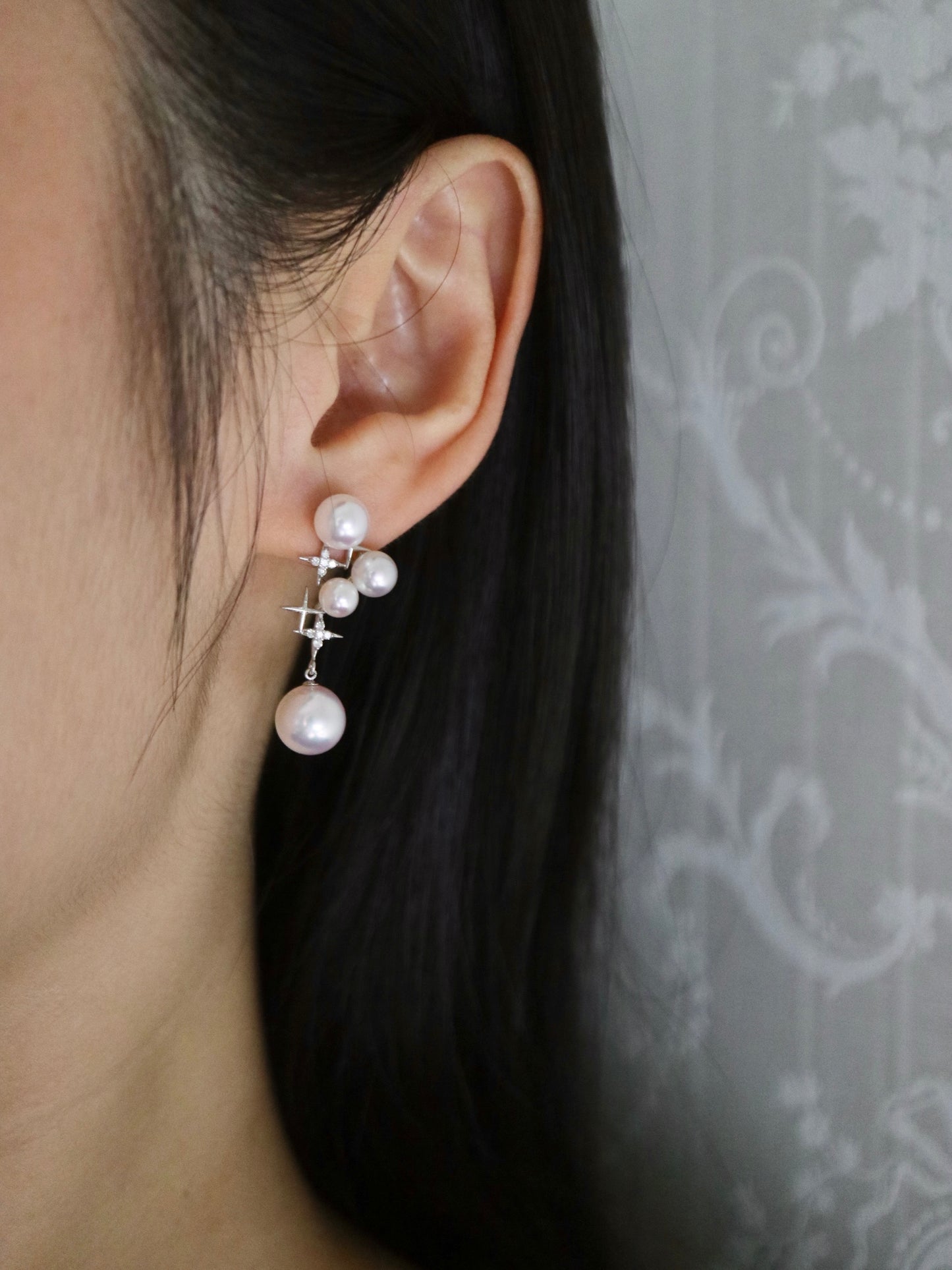 Mirror Like Lustre 4.5-9.0mm Akoya Pearl Diamond Starry Drop Earrings 18k White Gold