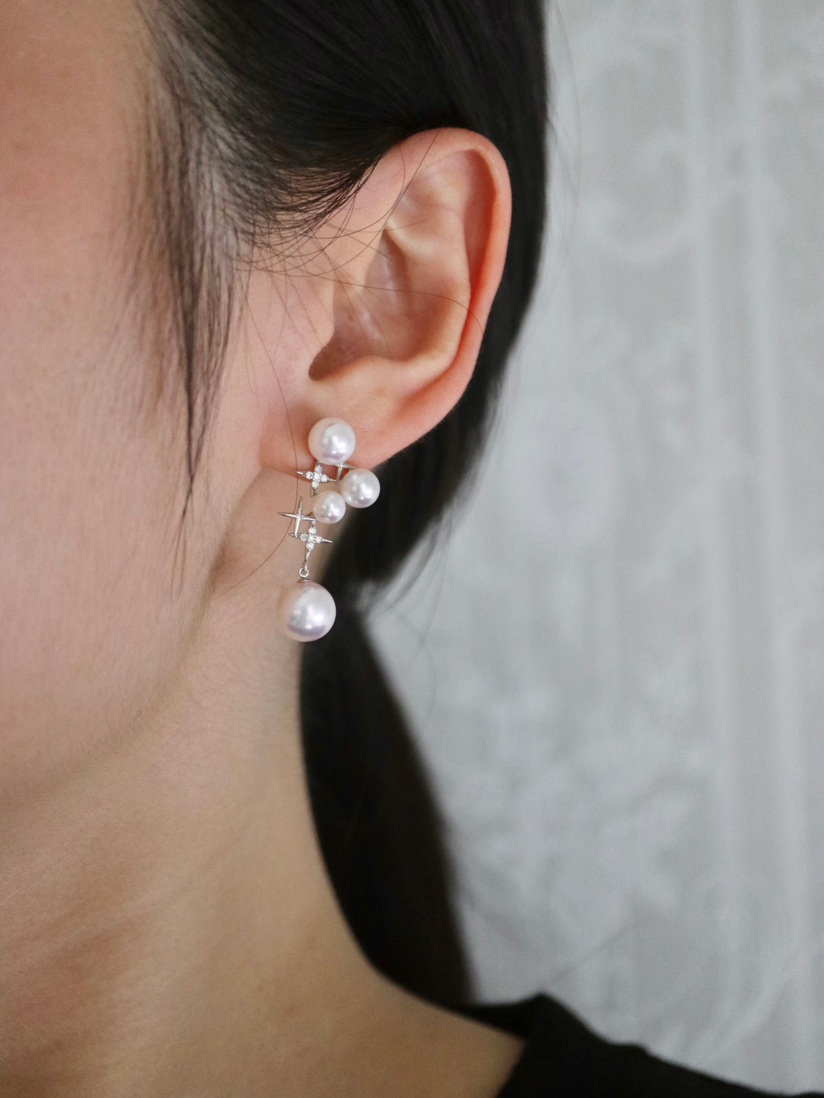 Mirror Like Lustre 4.5-9.0mm Akoya Pearl Diamond Starry Drop Earrings 18k White Gold