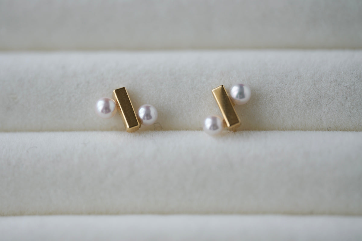 Rare Sized 3.0mm Akoya Pearl Percent Sign Bar Stud Earrings 18K Yellow Gold