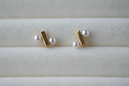 Rare Sized 3mm Akoya Pearl Percent Sign Bar Stud Earrings 18K Yellow Gold - KOKOPEARLJEWELRY - 6