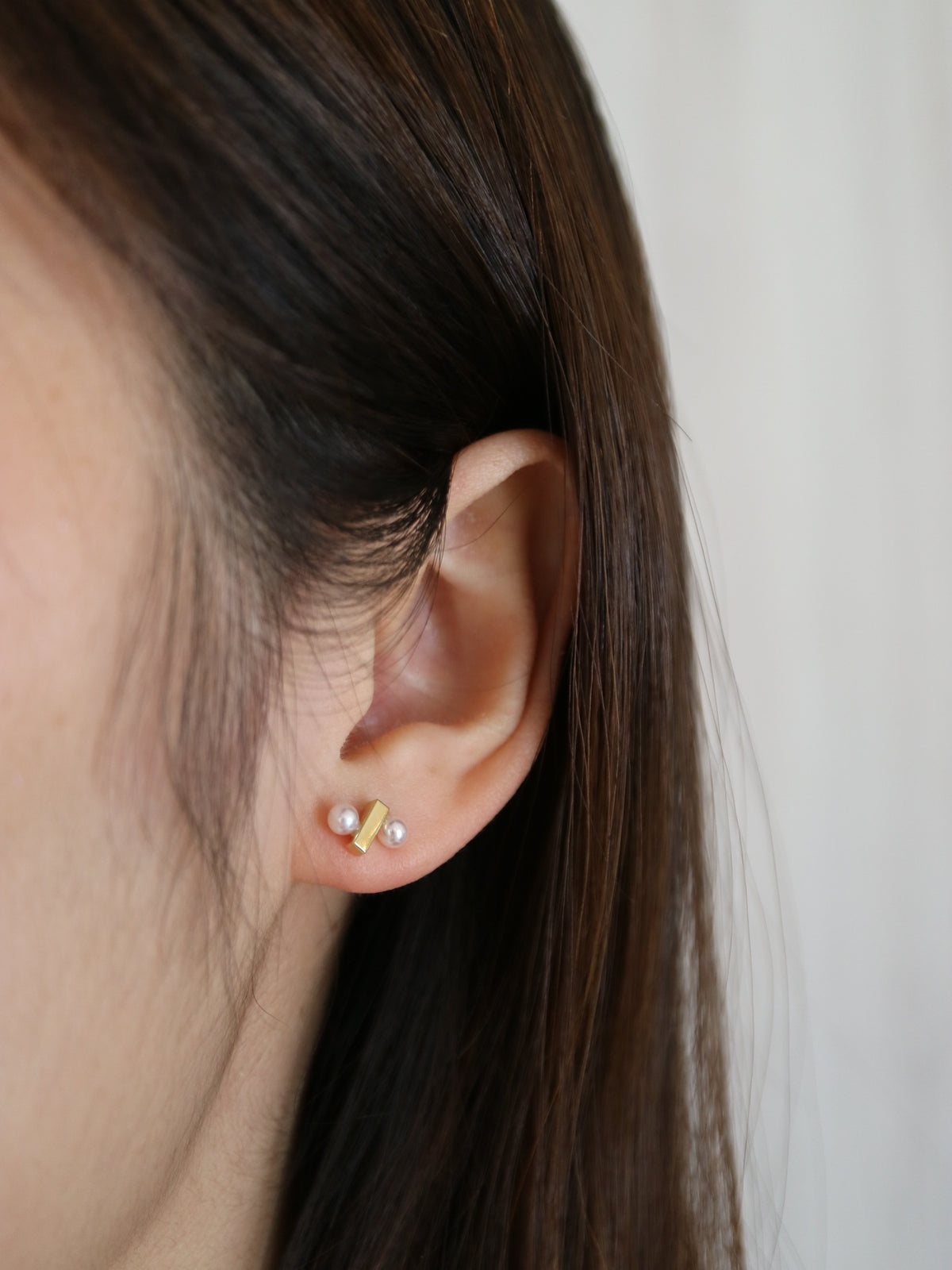 Rare Sized 3.0mm Akoya Pearl Percent Sign Bar Stud Earrings 18K Yellow Gold