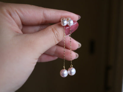 2Way Wearing 5+8mm Akoya Pearl String Earrings 18K Gold - KOKOPEARLJEWELRY - 4