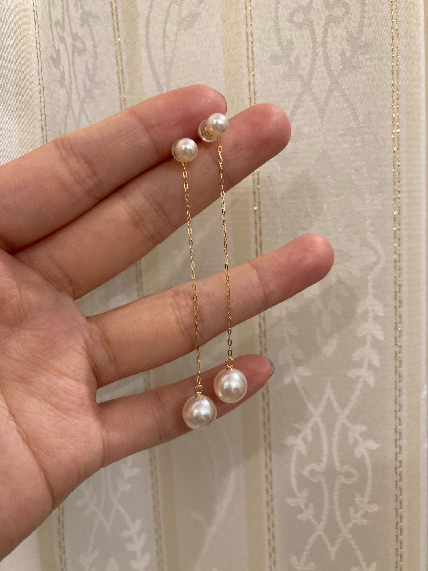 2Way 着用 5+8mm アコヤ真珠 ストリング イヤリング 18K ゴールド