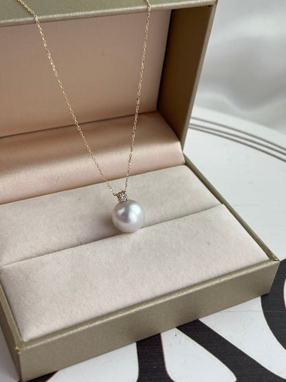 10mm 11mm White South Sea Pearl Diamond Pendant Necklace 18K Gold - KOKOPEARLJEWELRY - 6