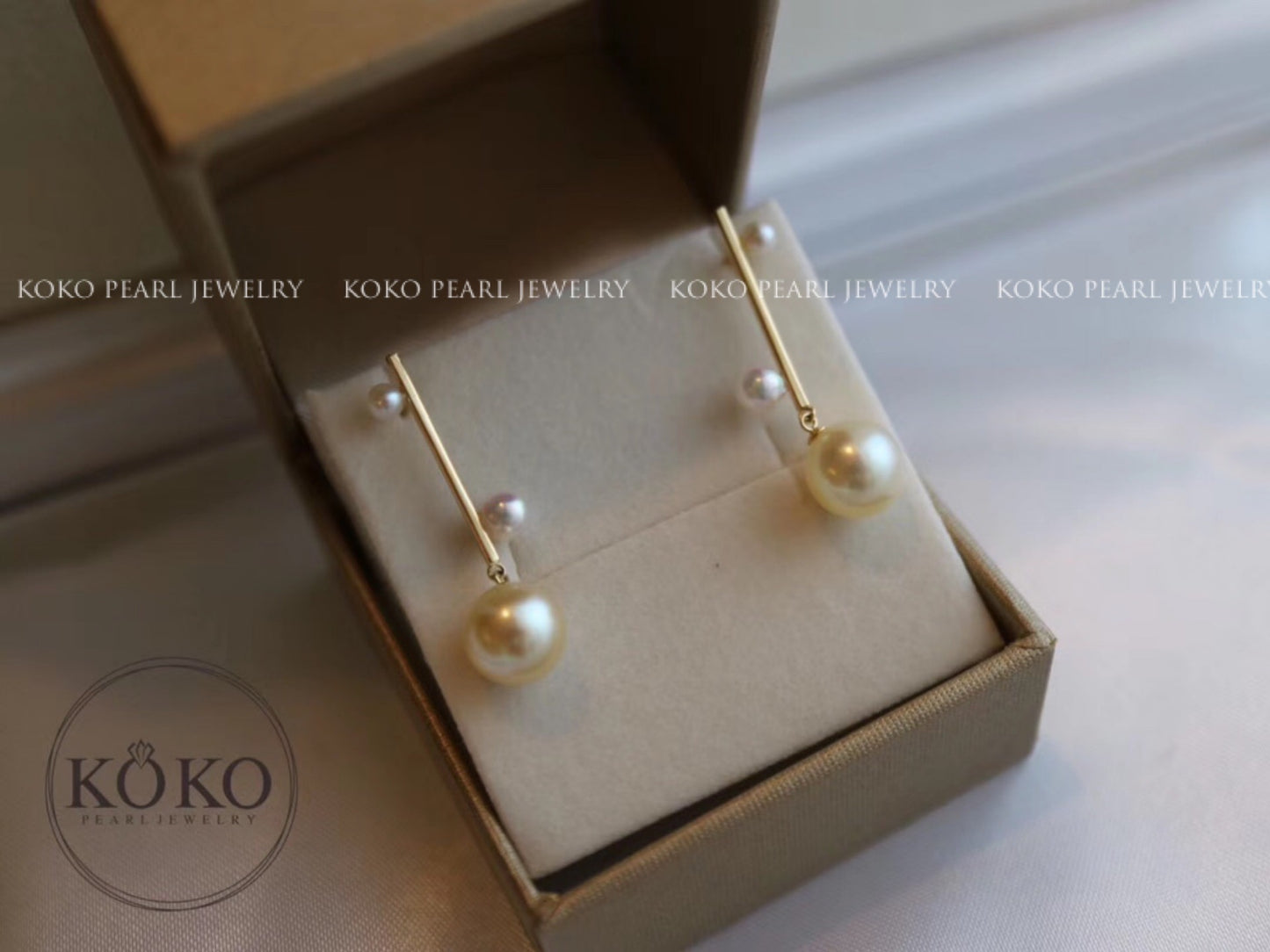 2.5+7.5mm Double Color Akoya Pearl Bar Drop Earrings 18K Yellow Gold
